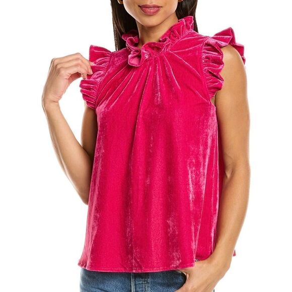 Duffield Lane Tops - $159 NWT Duffield Lane Linda Hot Pink Velvet Ruffle Top Blouse Shirt Size SMALL